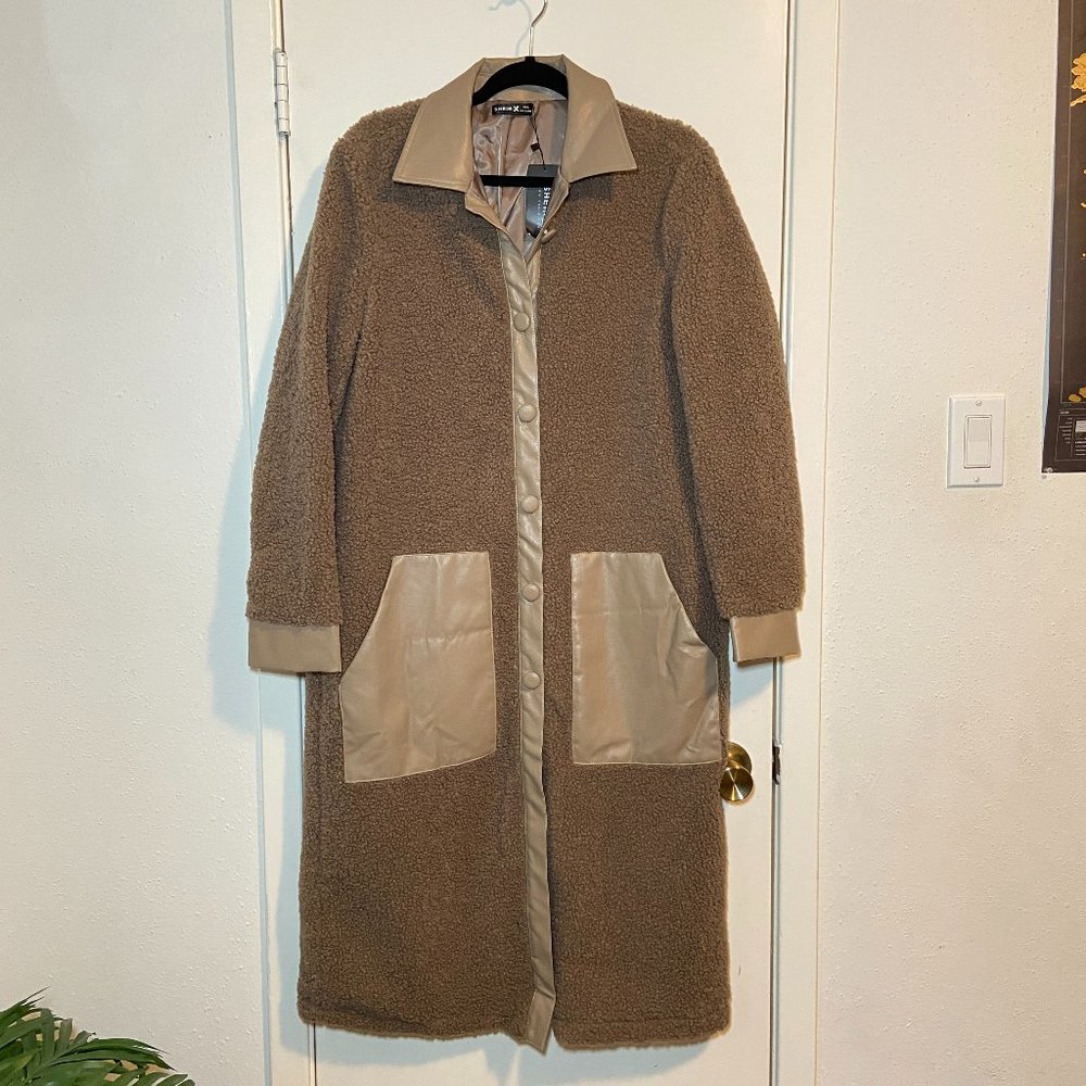 brown teddy and leather trench coat